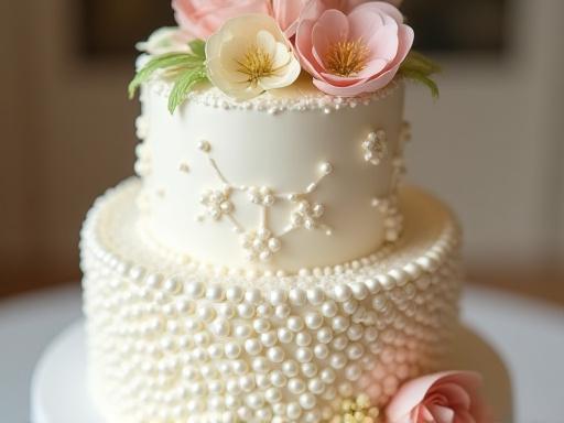 三段重ねの華やかなウェディングケーキ